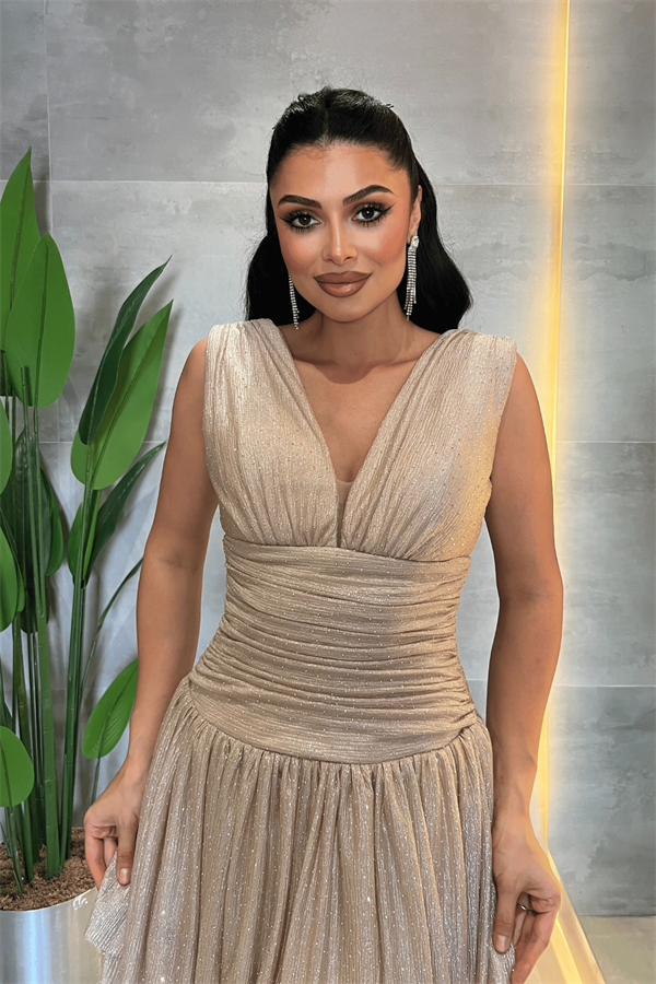 Taşlı Tül Kumaş Drape Detaylı Mini Elbise - BEJ