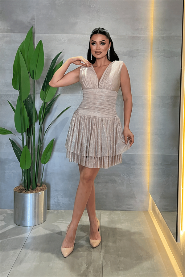 Taşlı Tül Kumaş Drape Detaylı Mini Elbise - BEJ