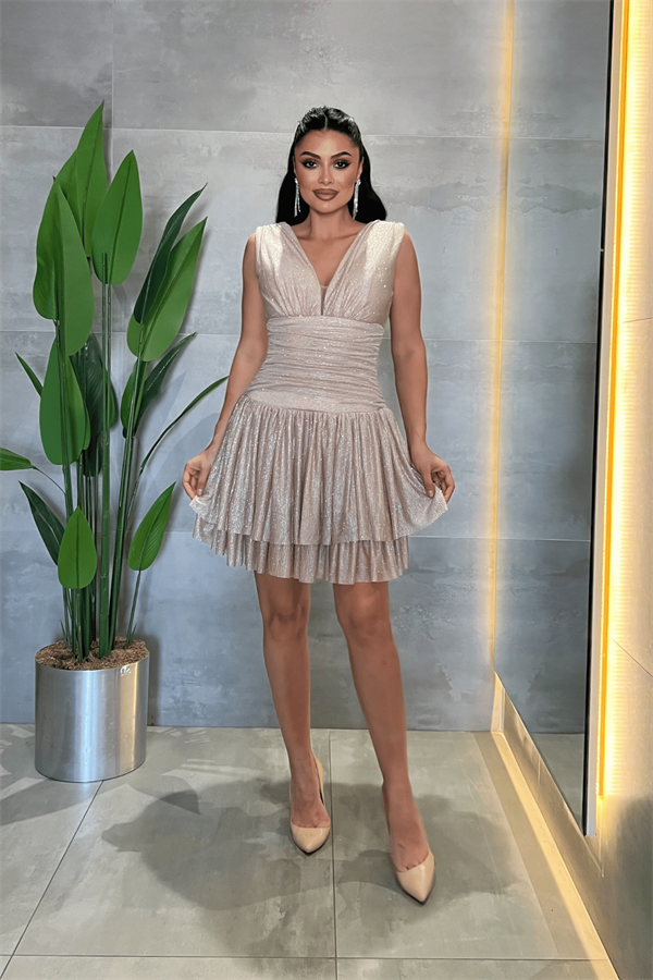 Taşlı Tül Kumaş Drape Detaylı Mini Elbise - BEJ