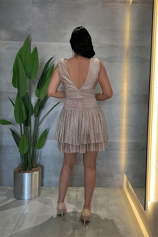 Taşlı Tül Kumaş Drape Detaylı Mini Elbise - BEJ