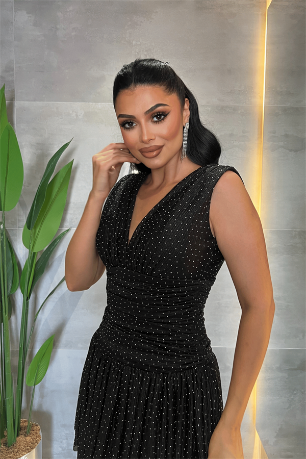 Taşlı Tül Kumaş Drape Detaylı Mini Elbise - SİYAH