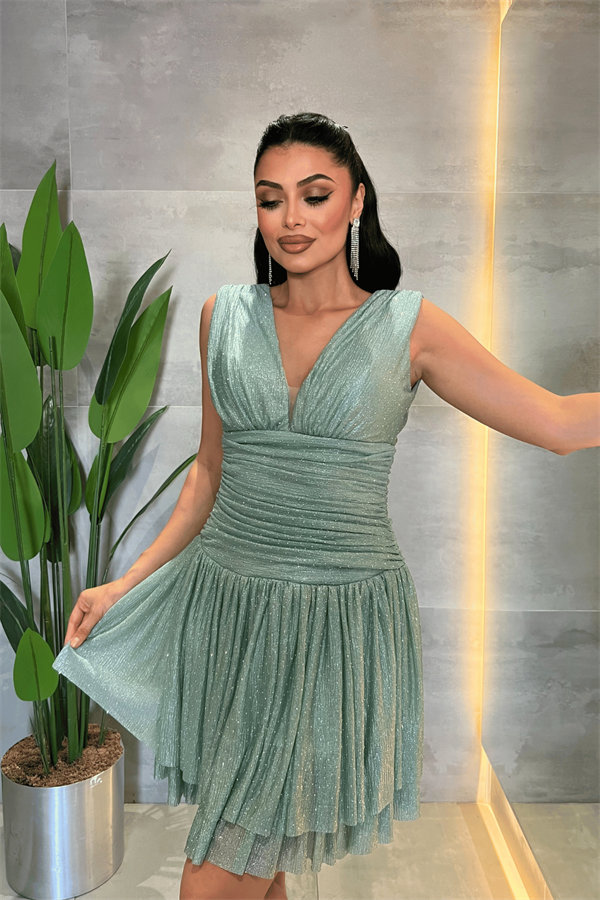 Taşlı Tül Kumaş Drape Detaylı Mini Elbise - MİNT YEŞİLİ
