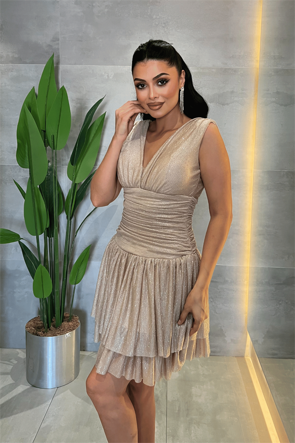Taşlı Tül Kumaş Drape Detaylı Mini Elbise - BEJ