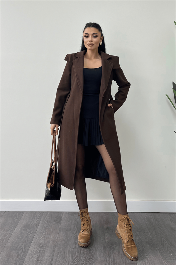 Tek Düğme Kaşe Kaban - KAHVERENGİ