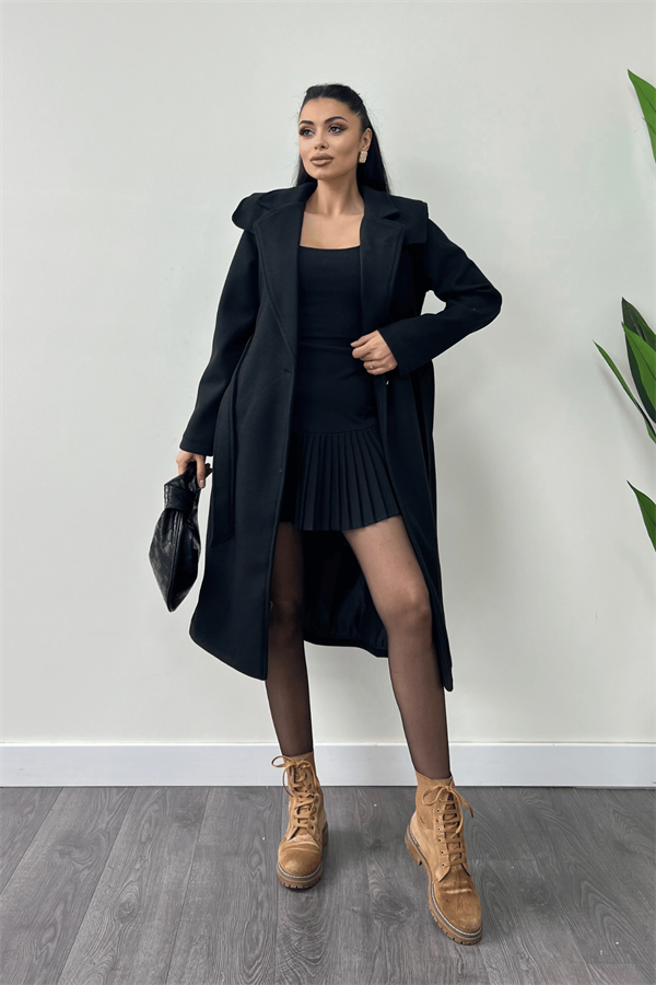 Tek Düğme Kaşe Kaban - SİYAH