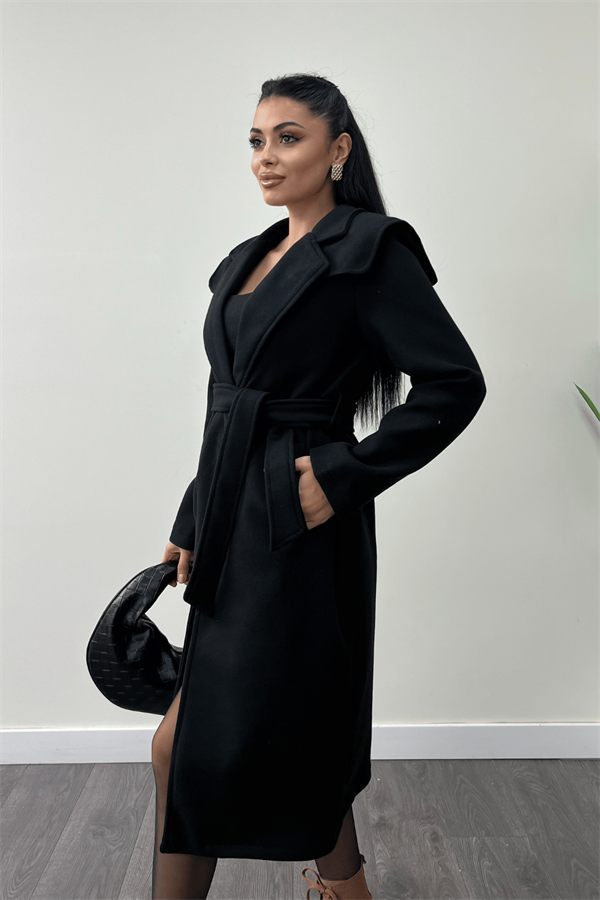 Tek Düğme Kaşe Kaban - SİYAH