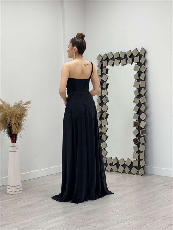 فستان تول لامع بكتف واحد - الأسود