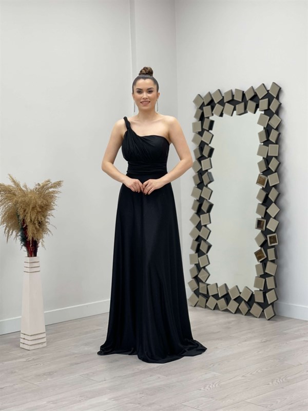 فستان تول لامع بكتف واحد - الأسود