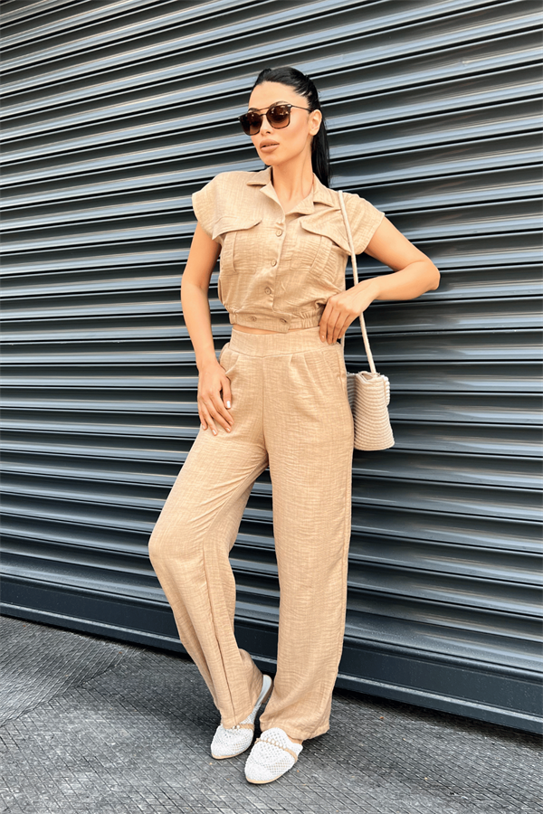 Tensel Keten Kumas Pantolon Crop Takım  - KAHVERENGİ