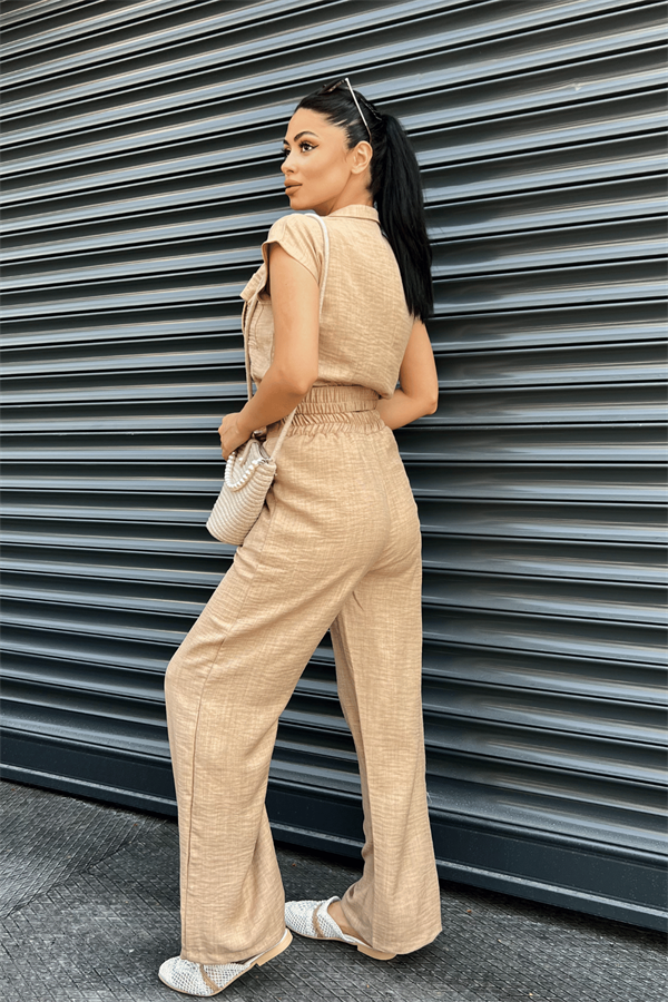 Tensel Keten Kumas Pantolon Crop Takım  - KAHVERENGİ