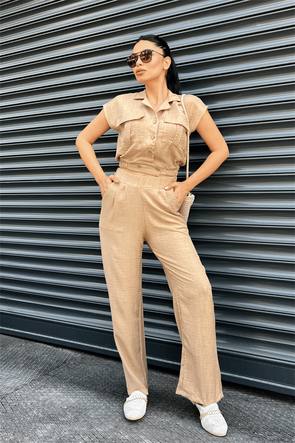 Tensel Keten Kumas Pantolon Crop Takım  - KAHVERENGİ