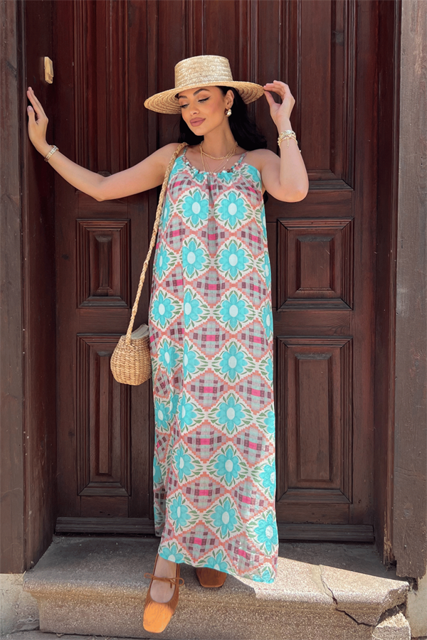 Tensel Kraşlı Kumaş Boncuk Detaylı Askılı Elbise - MAVİ