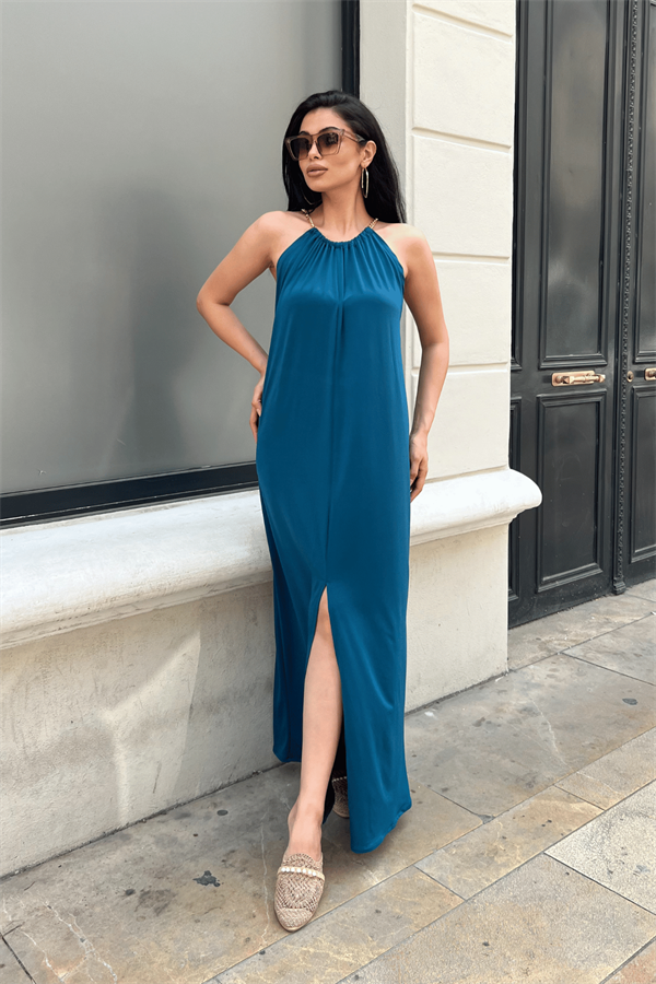 Tiril Jarse Kumaş Zincir Detaylı Elbise - İNDİGO