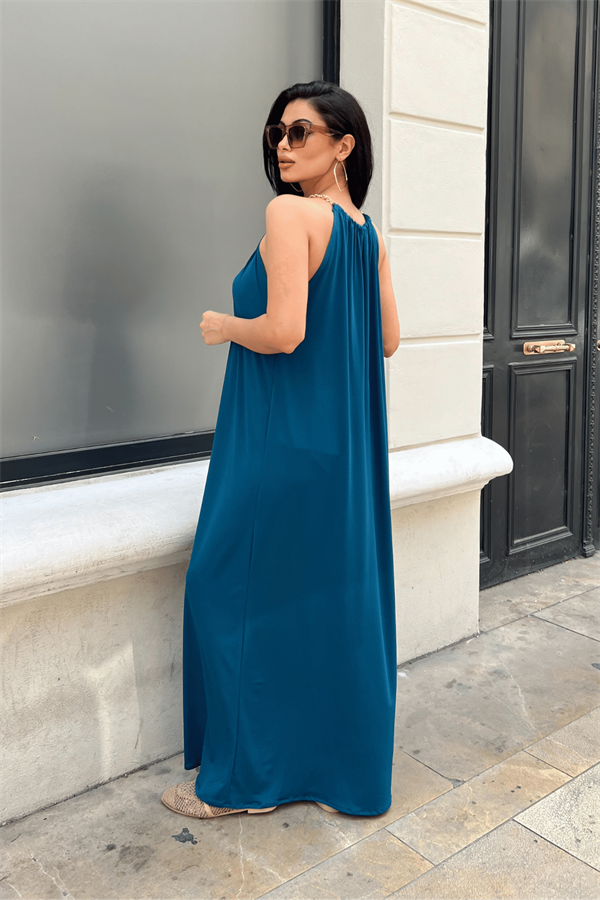 Tiril Jarse Kumaş Zincir Detaylı Elbise - İNDİGO