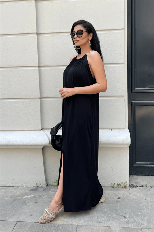 Tiril Jarse Kumaş Zincir Detaylı Elbise - SİYAH