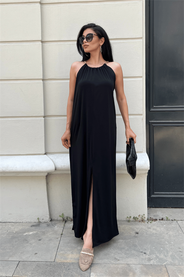 Tiril Jarse Kumaş Zincir Detaylı Elbise - SİYAH