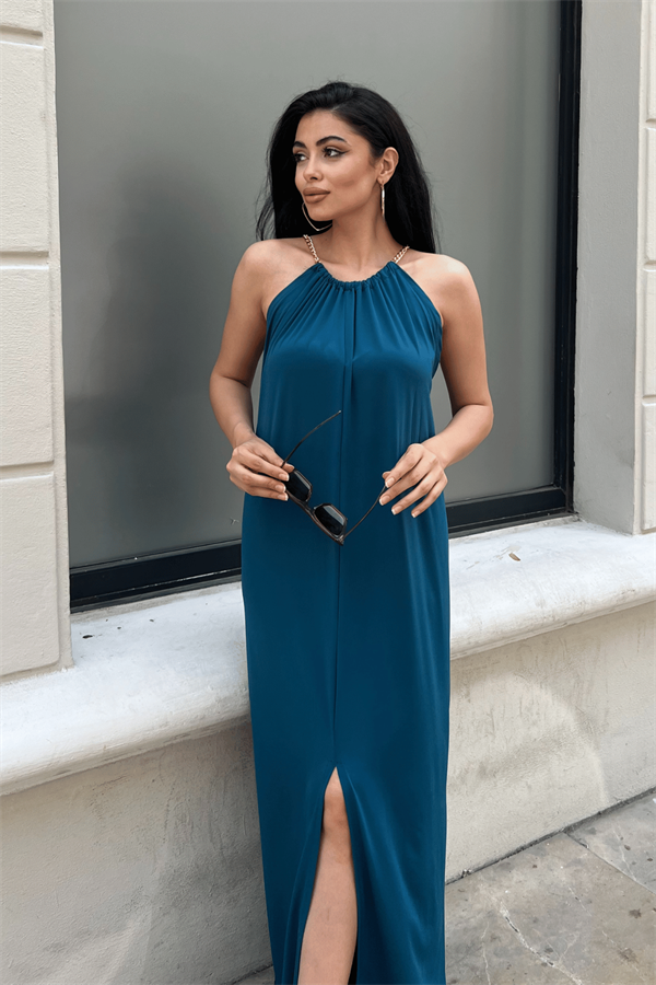 Tiril Jarse Kumaş Zincir Detaylı Elbise - İNDİGO