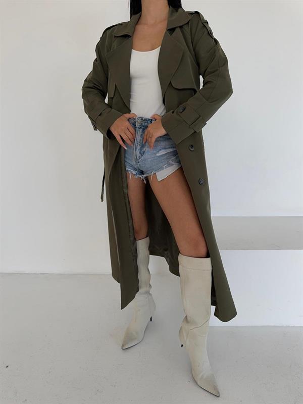 Torino Kumaş Önü Düğmeli Trençkot - HAKİ YEŞİLİ