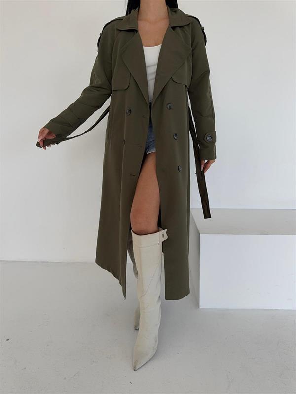 Torino Kumaş Önü Düğmeli Trençkot - HAKİ YEŞİLİ