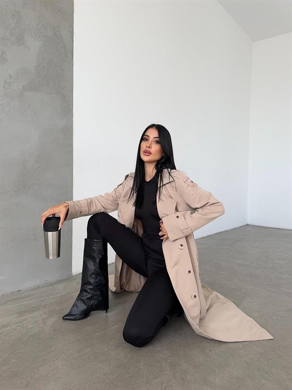 Torino Kumaş Önü Düğmeli Trençkot - KREM