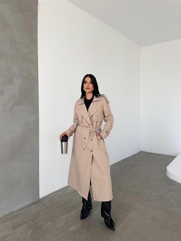 Torino Kumaş Önü Düğmeli Trençkot - KREM