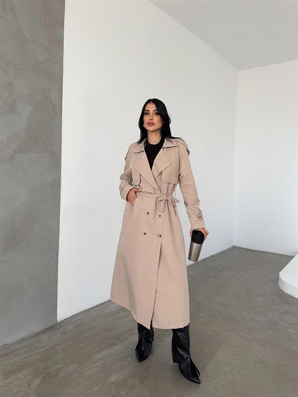 Torino Kumaş Önü Düğmeli Trençkot - KREM