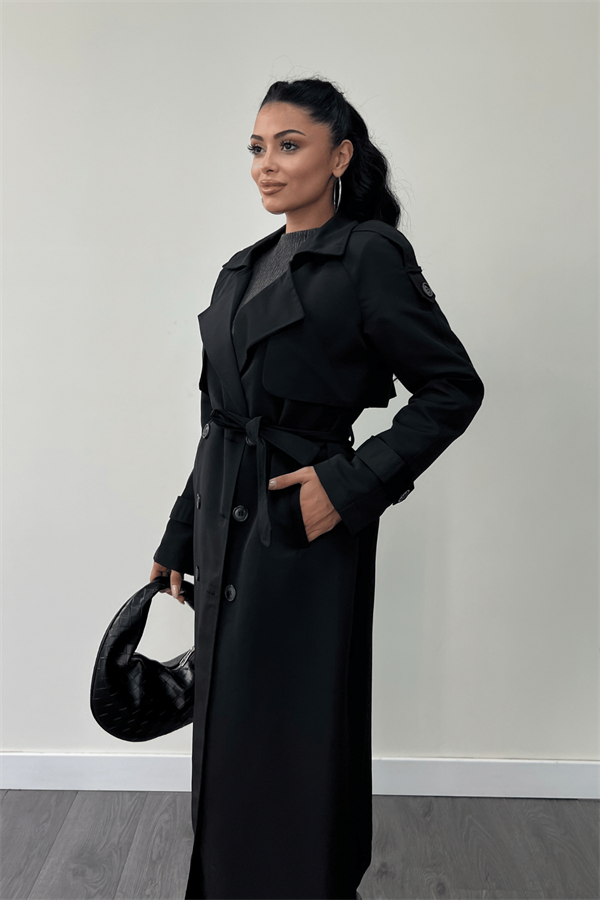 Torino Kumaş Önü Düğmeli Trençkot - SİYAH