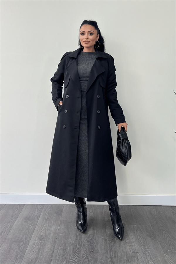 Torino Kumaş Önü Düğmeli Trençkot - SİYAH