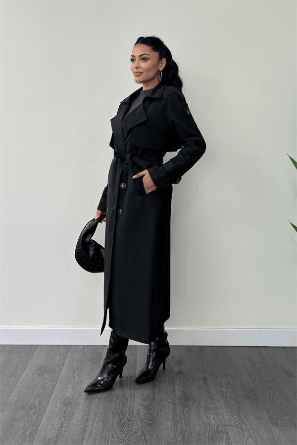 Torino Kumaş Önü Düğmeli Trençkot - SİYAH