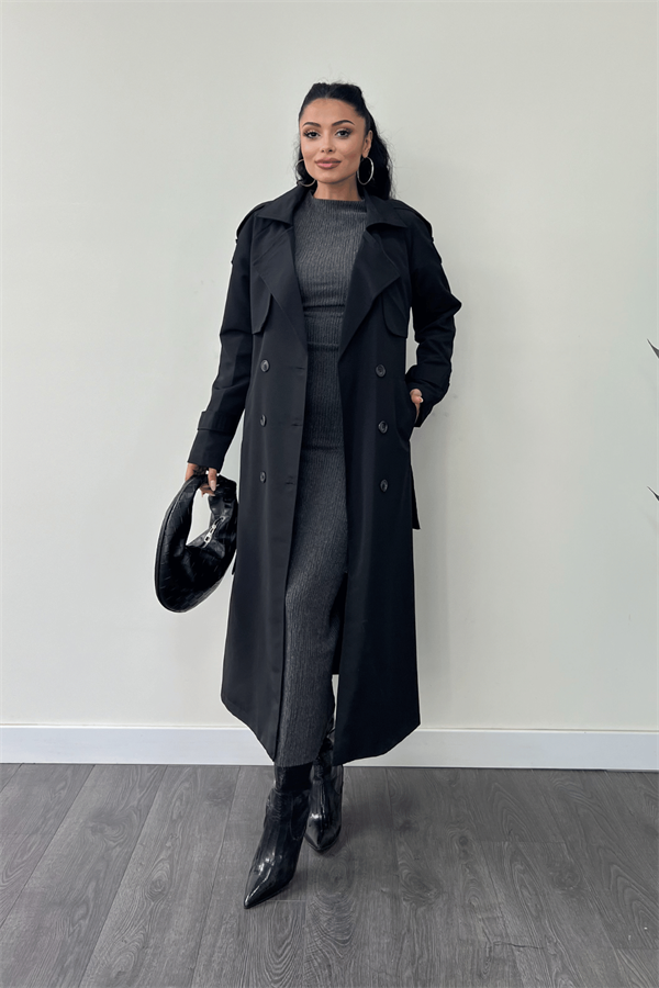 Torino Kumaş Önü Düğmeli Trençkot - SİYAH