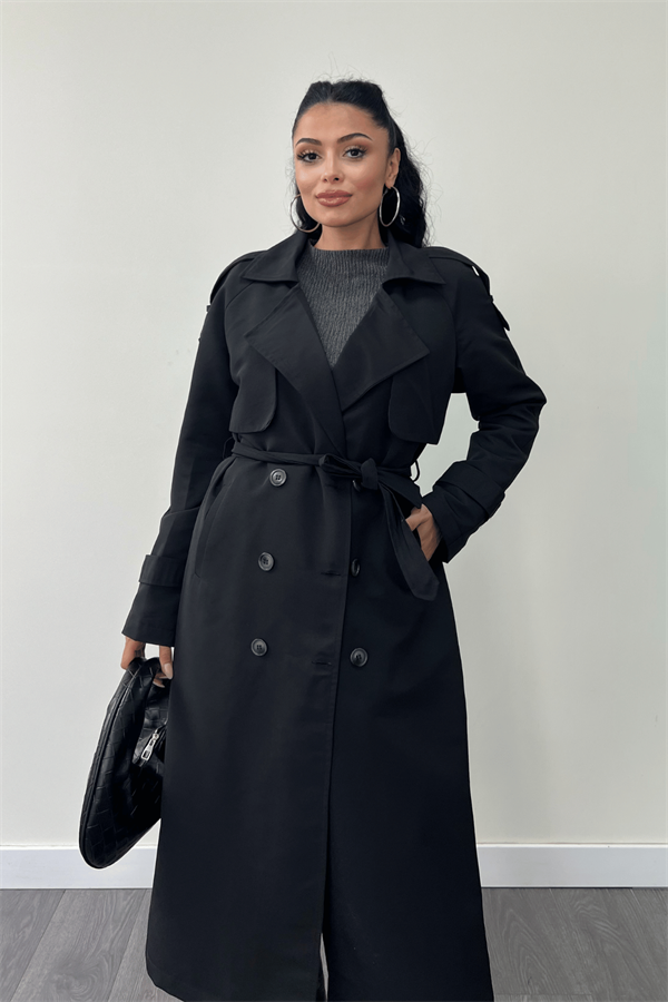 Torino Kumaş Önü Düğmeli Trençkot - SİYAH