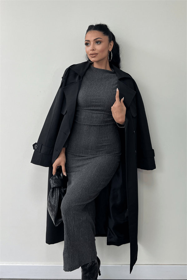 Triko Dokuma Kumaş Büzgü Detaylı Elbise - GRİ