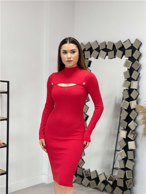 Knitwear Fabric Button Detail Dress - Red