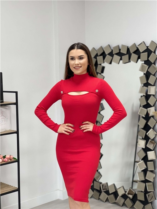 Knitwear Fabric Button Detail Dress - Red