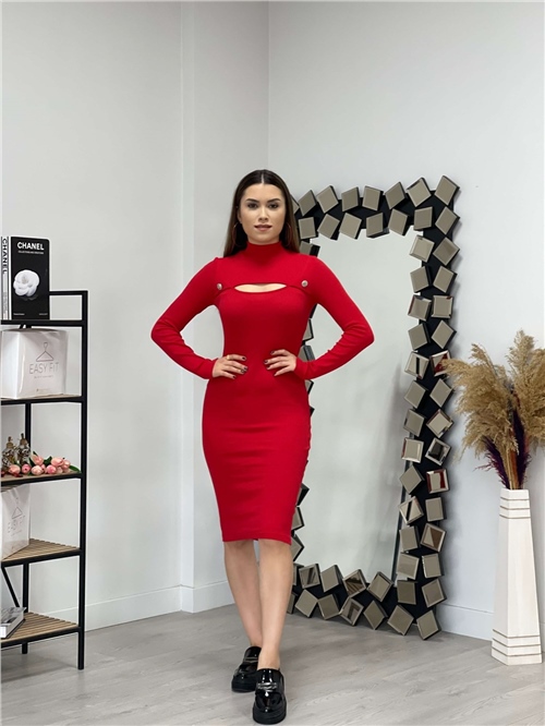 Knitwear Fabric Button Detail Dress - Red