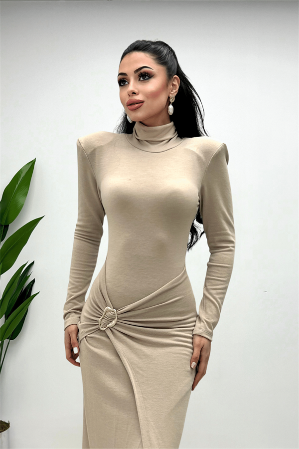 Triko Kumaş Eteği Toka Detaylı Elbise - KREM