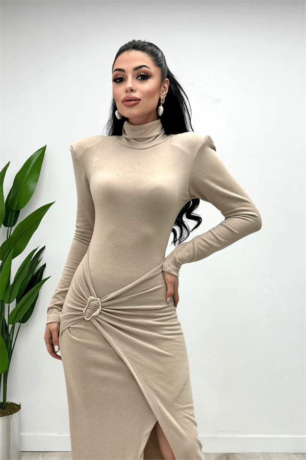 Triko Kumaş Eteği Toka Detaylı Elbise - KREM