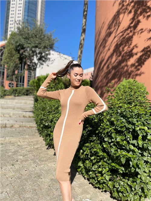 Knitwear Fabric Pencil Dress - Brown