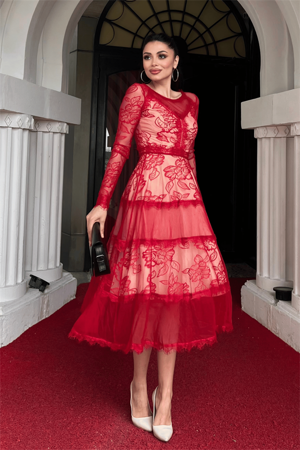 Tül Dantel Midi Boy Abiye Elbise - KIRMIZI