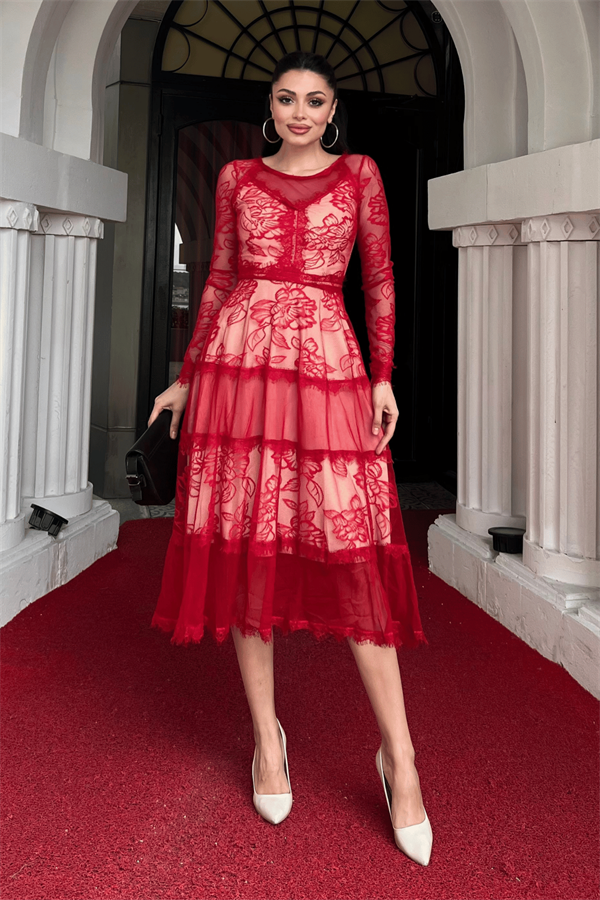 Tül Dantel Midi Boy Abiye Elbise - KIRMIZI