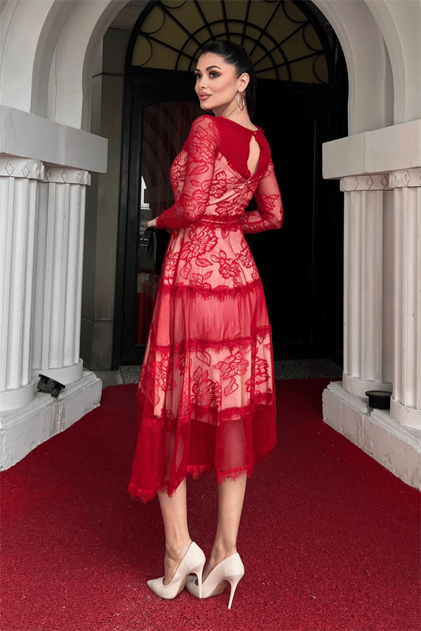 Tül Dantel Midi Boy Abiye Elbise - KIRMIZI