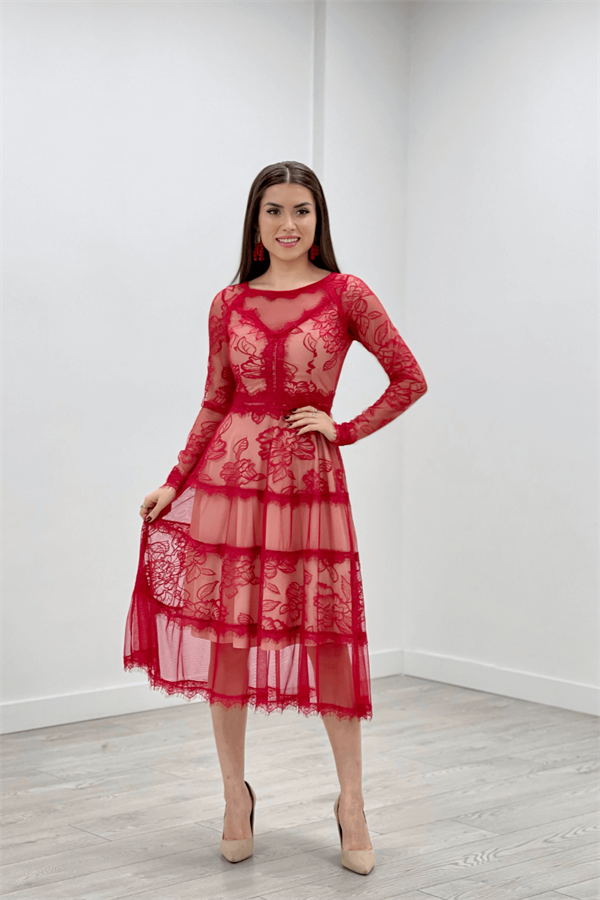 Tulle Lace Midiboy Dress - RED