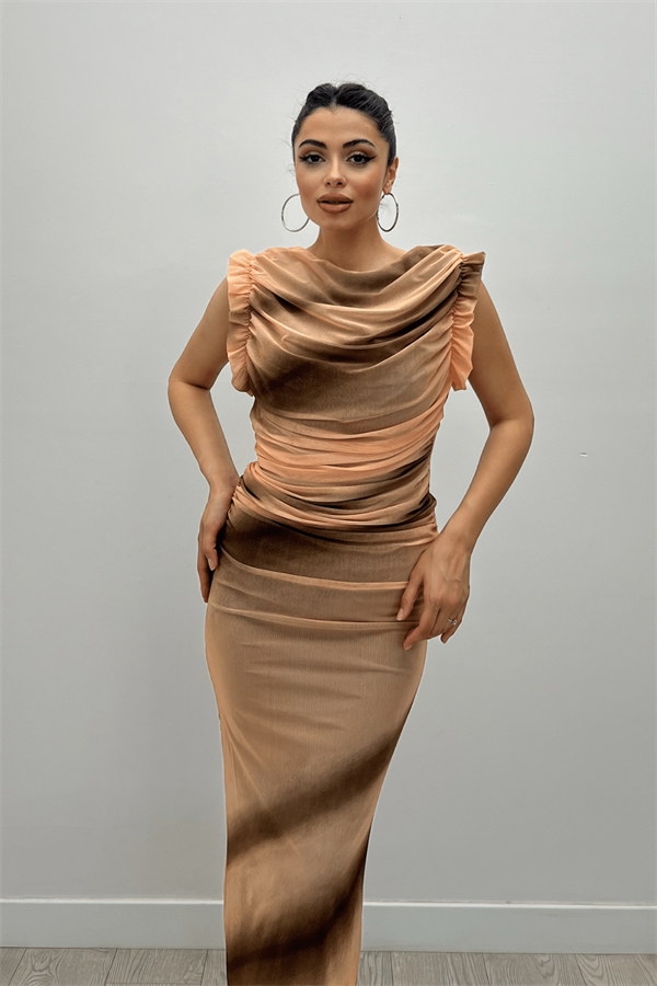 Tül Desenli Kumaş Büzgü Detaylı Kalem Elbise - TURUNCU