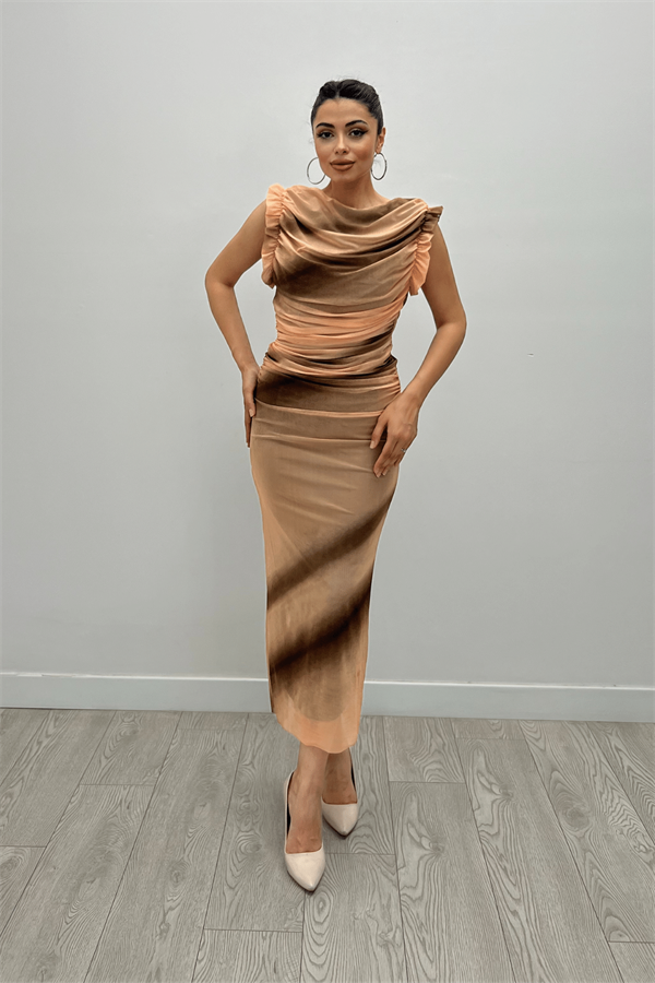 Tül Desenli Kumaş Büzgü Detaylı Kalem Elbise - TURUNCU