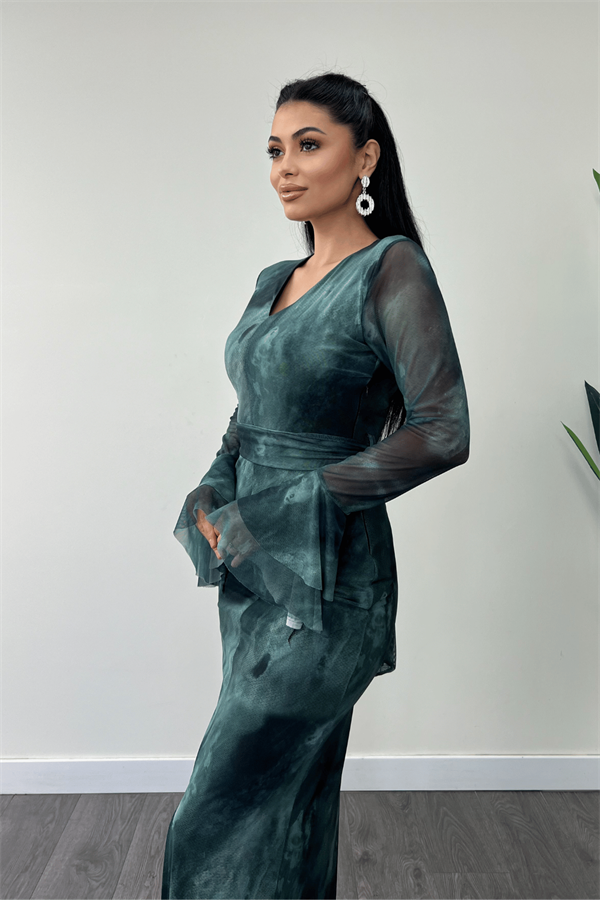 Tül Desenli Kumaş Kolları Volan Detaylı Kalem Elbise - TURKUAZ