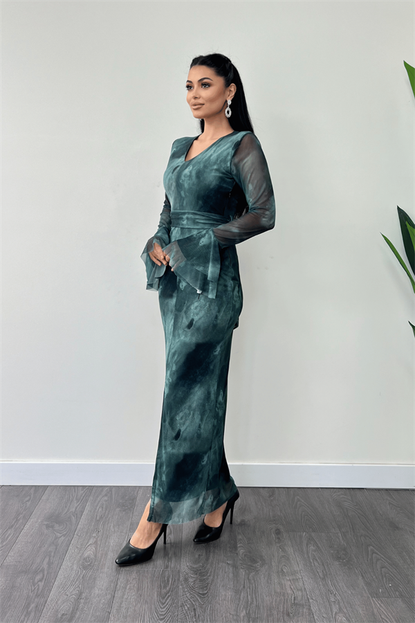 Tül Desenli Kumaş Kolları Volan Detaylı Kalem Elbise - TURKUAZ