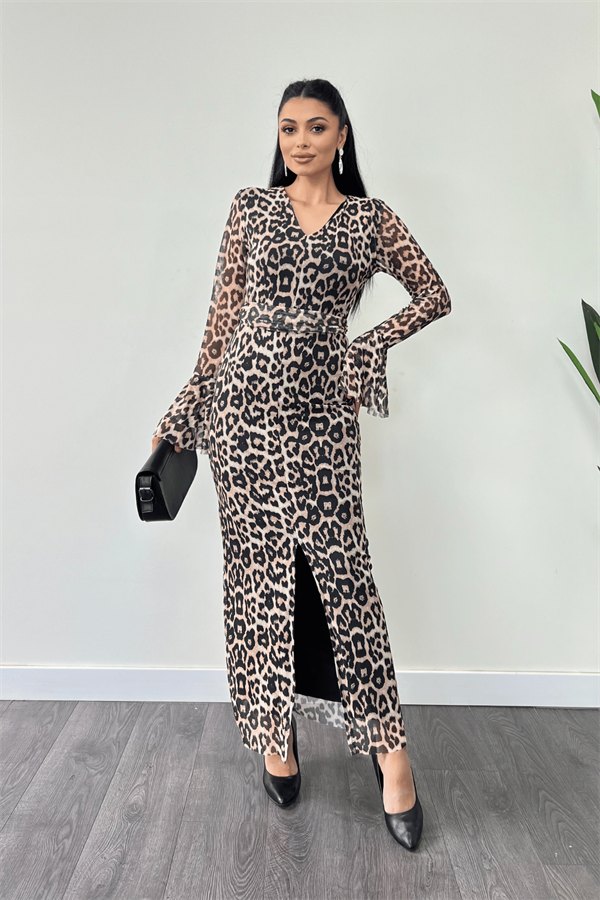 Tül Desenli Kumaş Kolları Volan Detaylı Kalem Elbise - LEOPAR