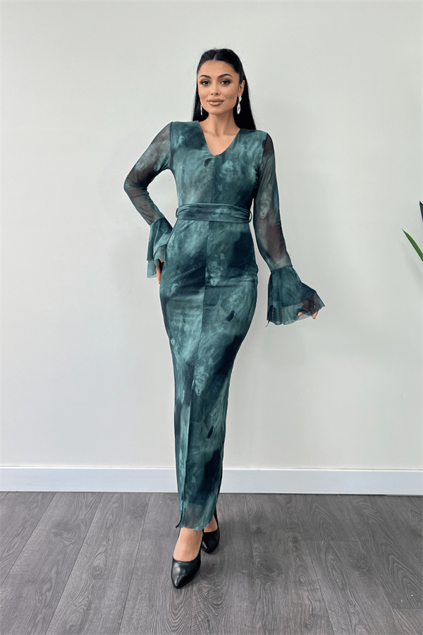 Tül Desenli Kumaş Kolları Volan Detaylı Kalem Elbise - TURKUAZ