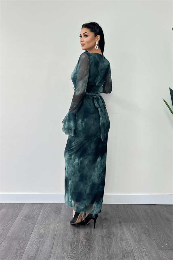 Tül Desenli Kumaş Kolları Volan Detaylı Kalem Elbise - TURKUAZ