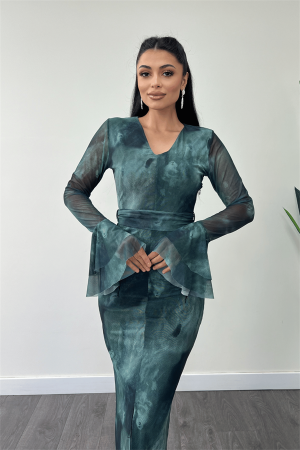 Tül Desenli Kumaş Kolları Volan Detaylı Kalem Elbise - TURKUAZ